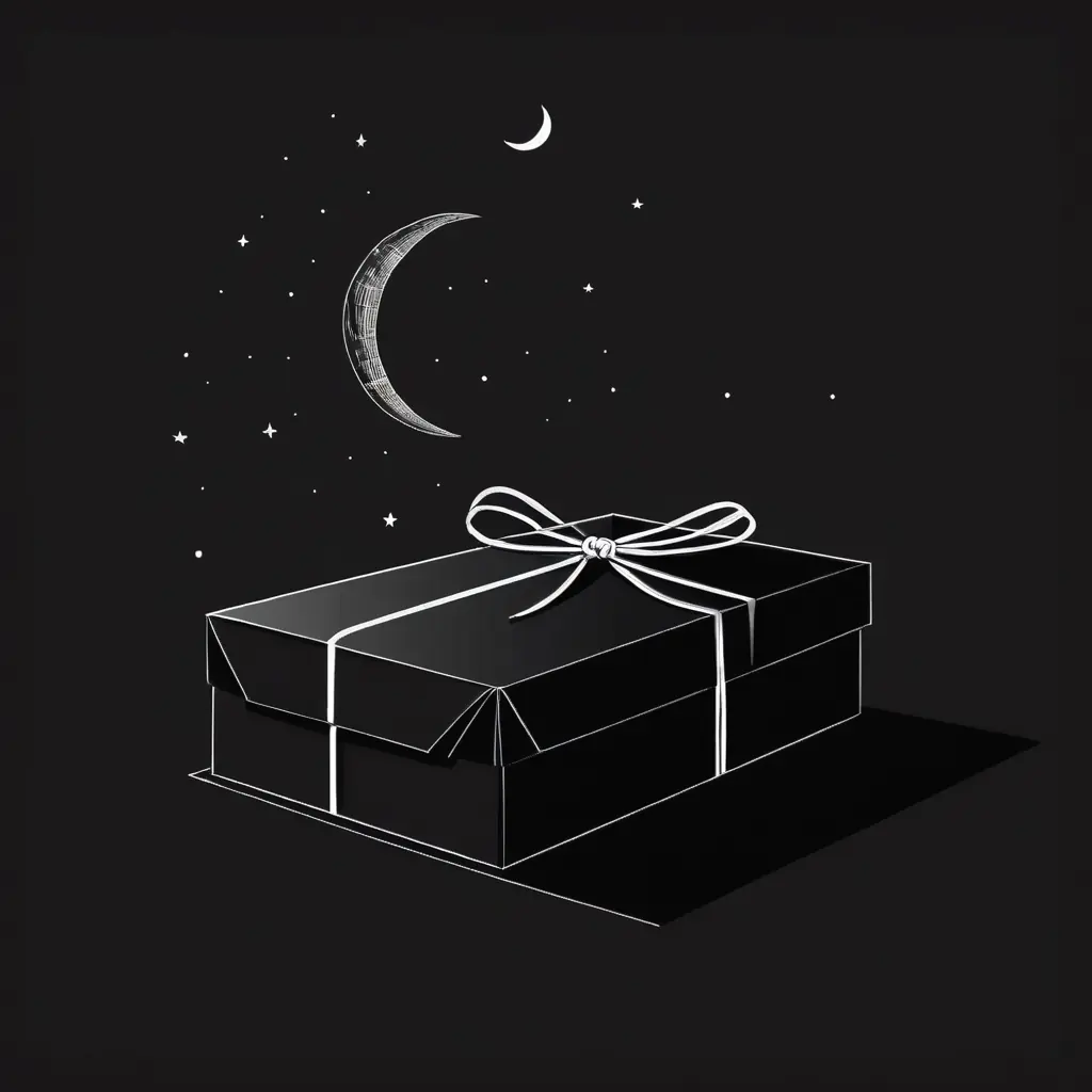 Coffret cadeau dessiné au trait blanc sur fond noir, sous un croissant de lune.
