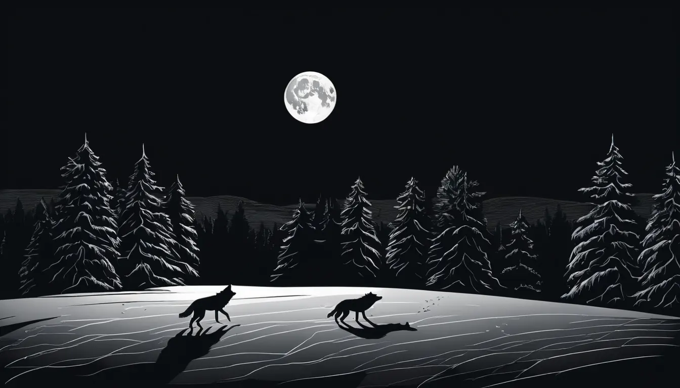 Nuit de pleine lune : deux loups sur la neige devant une lisière de sapins.