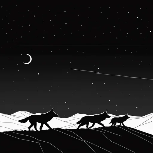 Illustration line-art : trois loups marchant en file sur une crête sous un croissant de lune et un ciel étoilé.