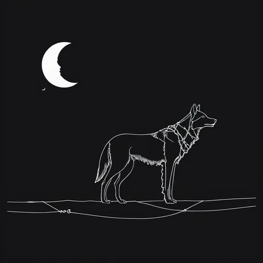 Illustration line-art : un loup debout de profil, un lien passé autour du cou, sous un croissant de lune.