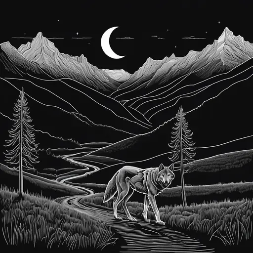 Illustration line-art : un loup traversant une vallée alpine la nuit, crêtes en courbes de niveau et croissant de lune.