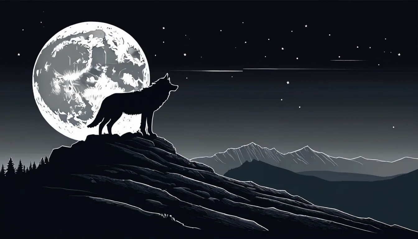 Illustration line-art : un loup de profil sur une crête rocheuse devant une pleine lune, montagnes et forêt de pins au loin.