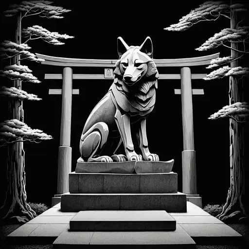Illustration line-art : statue de loup assis devant un torii japonais, entre deux cèdres, la nuit.