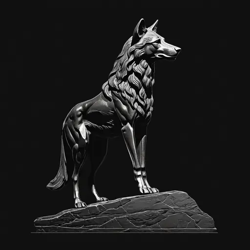 Illustration line-art : statue de bronze d'une louve debout sur un socle de pierre, tête tournée vers le spectateur.