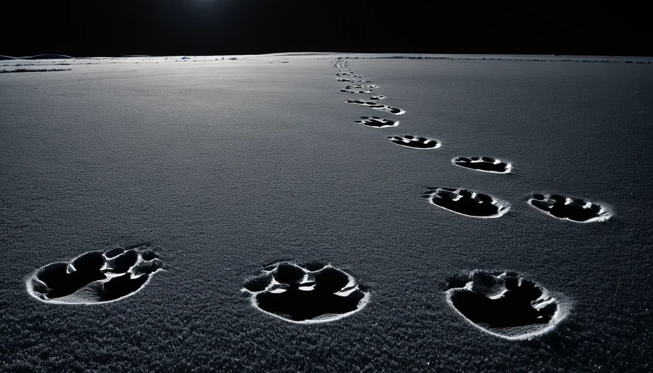 Une ligne d’empreintes de loup imprimées dans le givre, filant vers l’horizon.