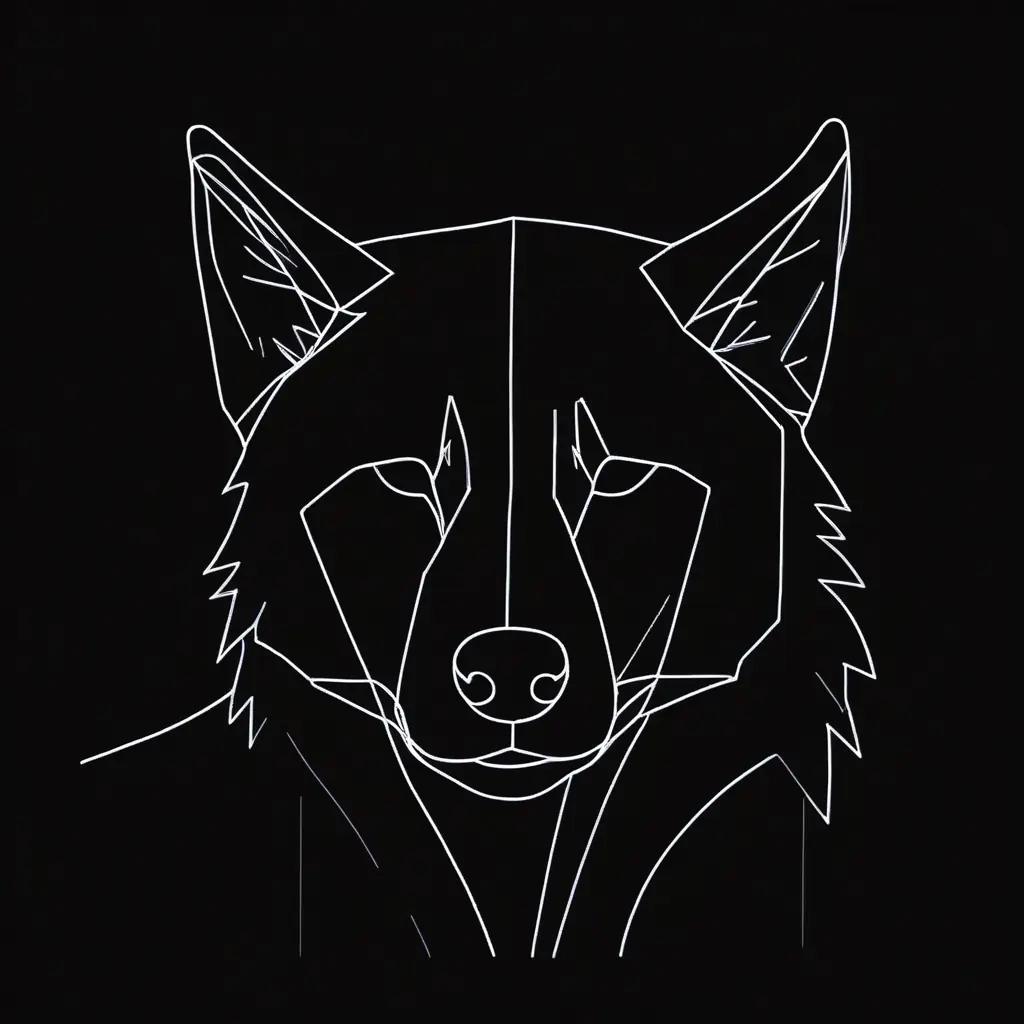Tête de loup dessinée d'un seul trait blanc continu sur fond noir.