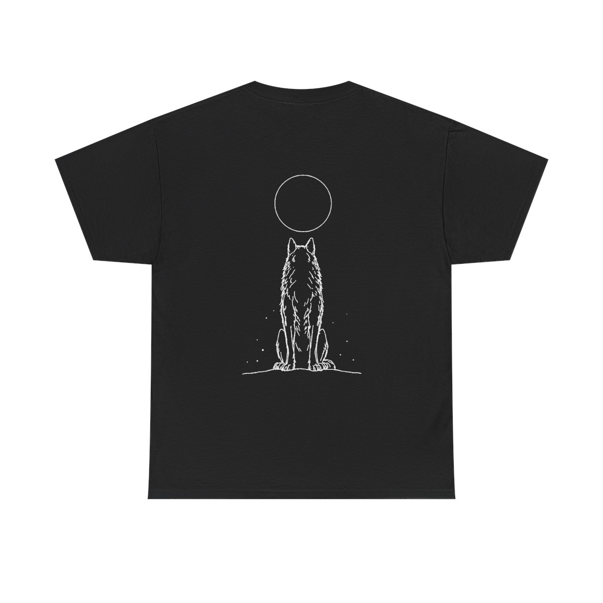 T-shirt Loup Avant le Hurlement — noir, loup assis face à la pleine lune en blanc au dos