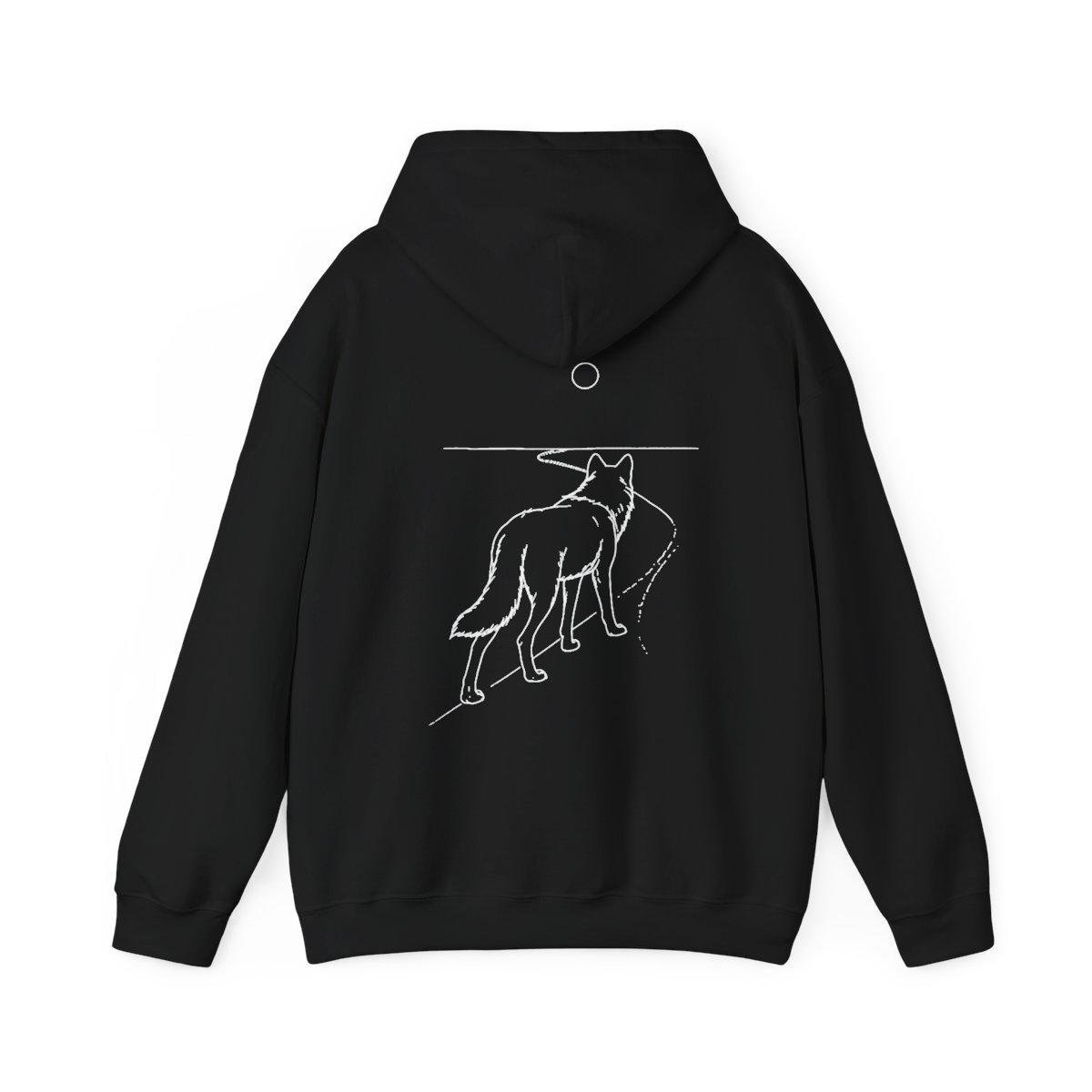 Hoodie Loup du Départ — noir, loup de dos sur un sentier en blanc au dos