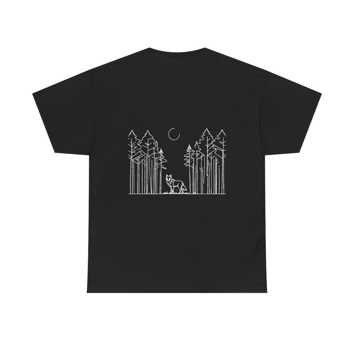 T-shirt Loup Forêt — noir, loup en lisière de forêt en blanc au dos