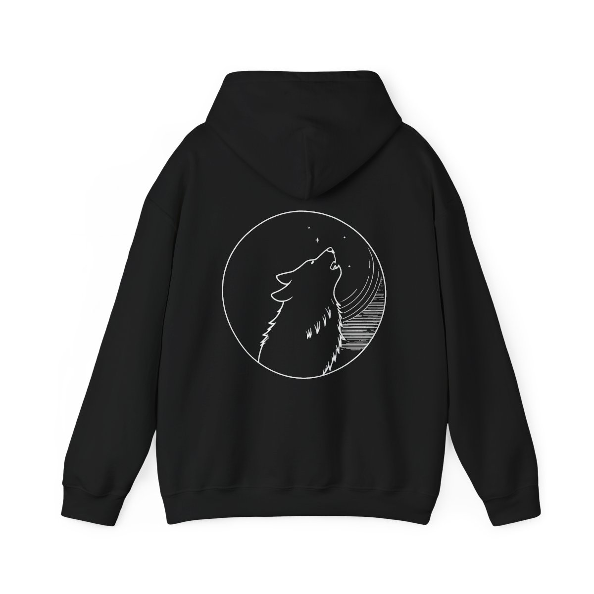 Hoodie Loup Lune — noir, loup hurlant cerclé de lune en blanc au dos