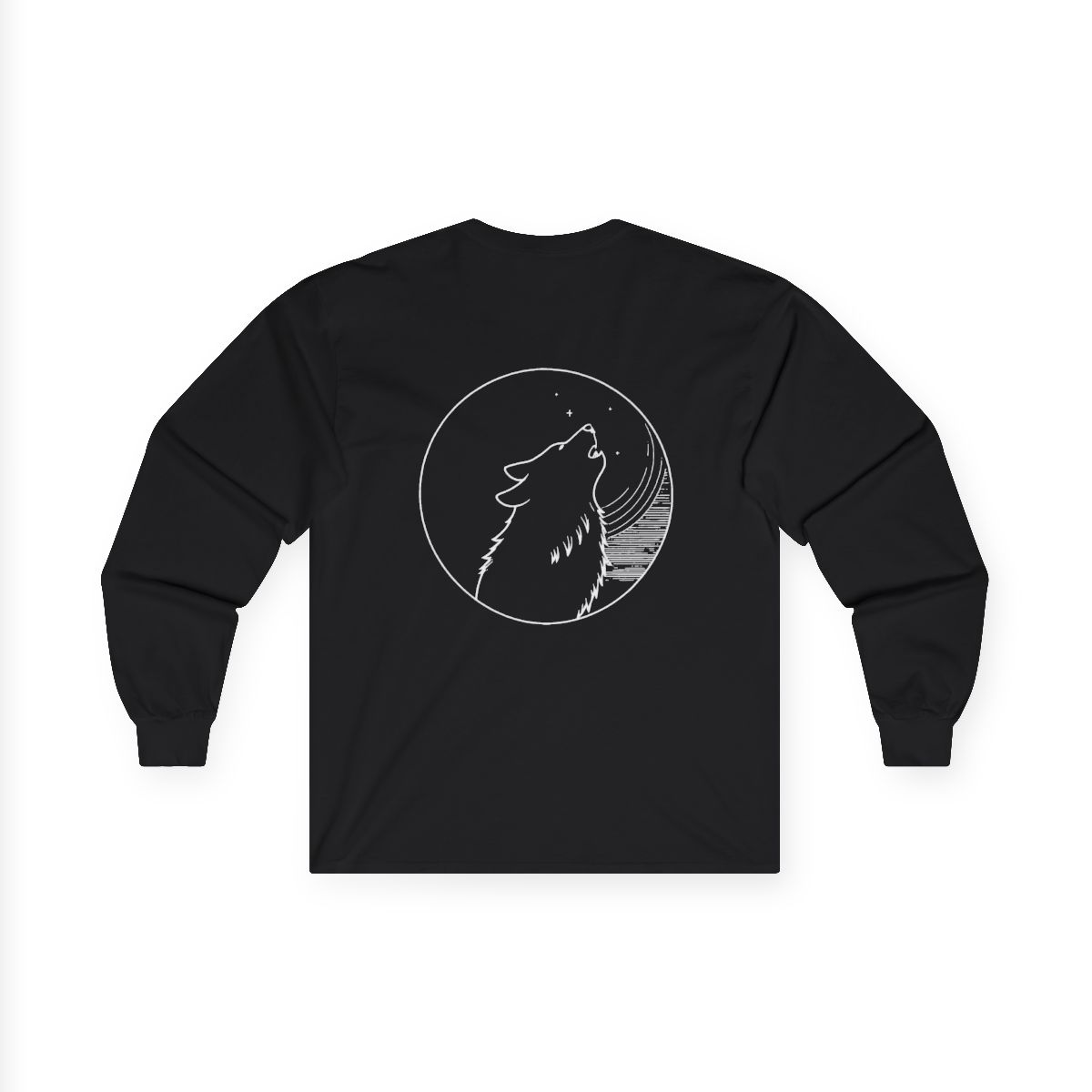 T-shirt manches longues Loup Lune — noir, loup hurlant cerclé de lune en blanc au dos