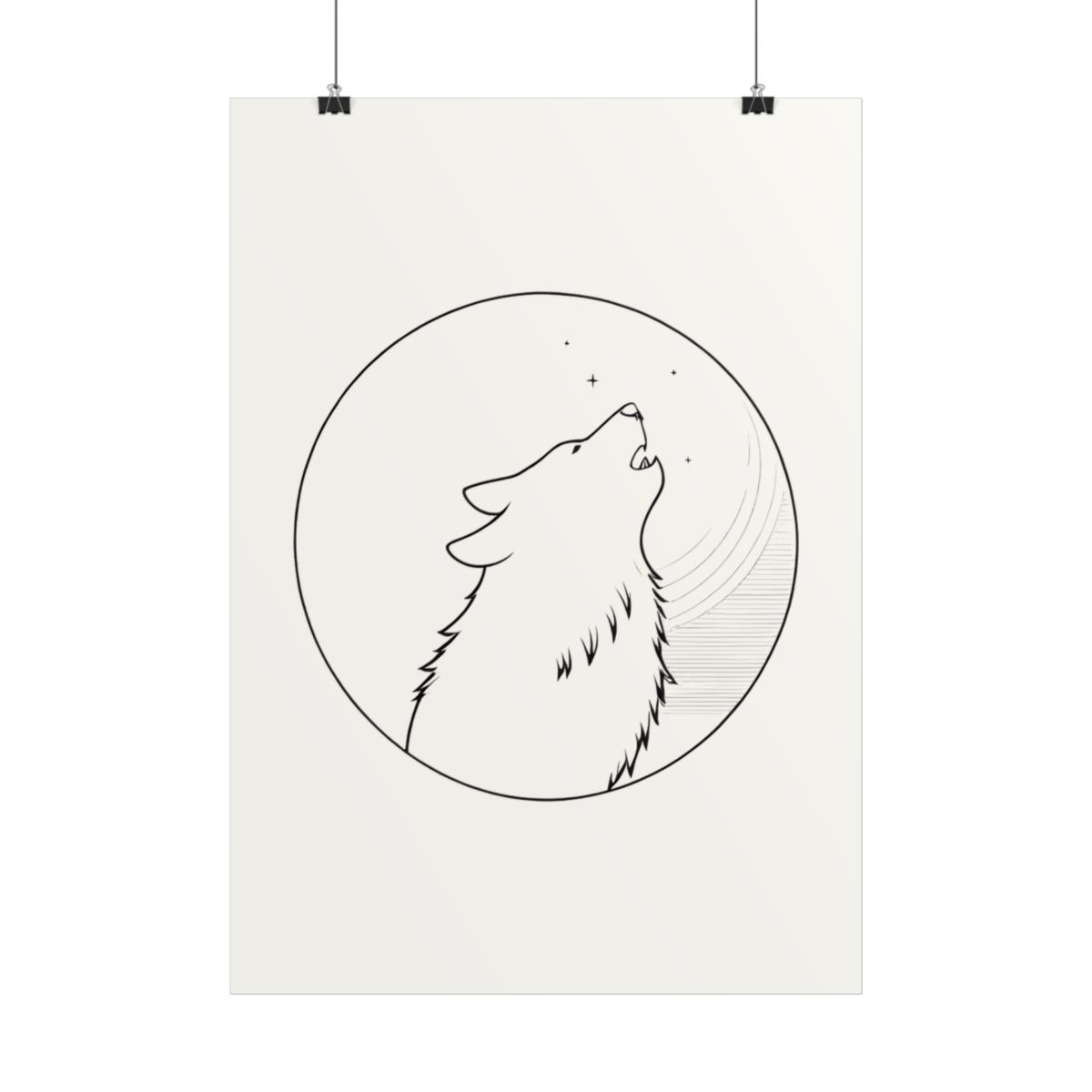 Détail du trait : loup hurlant cerclé de lune