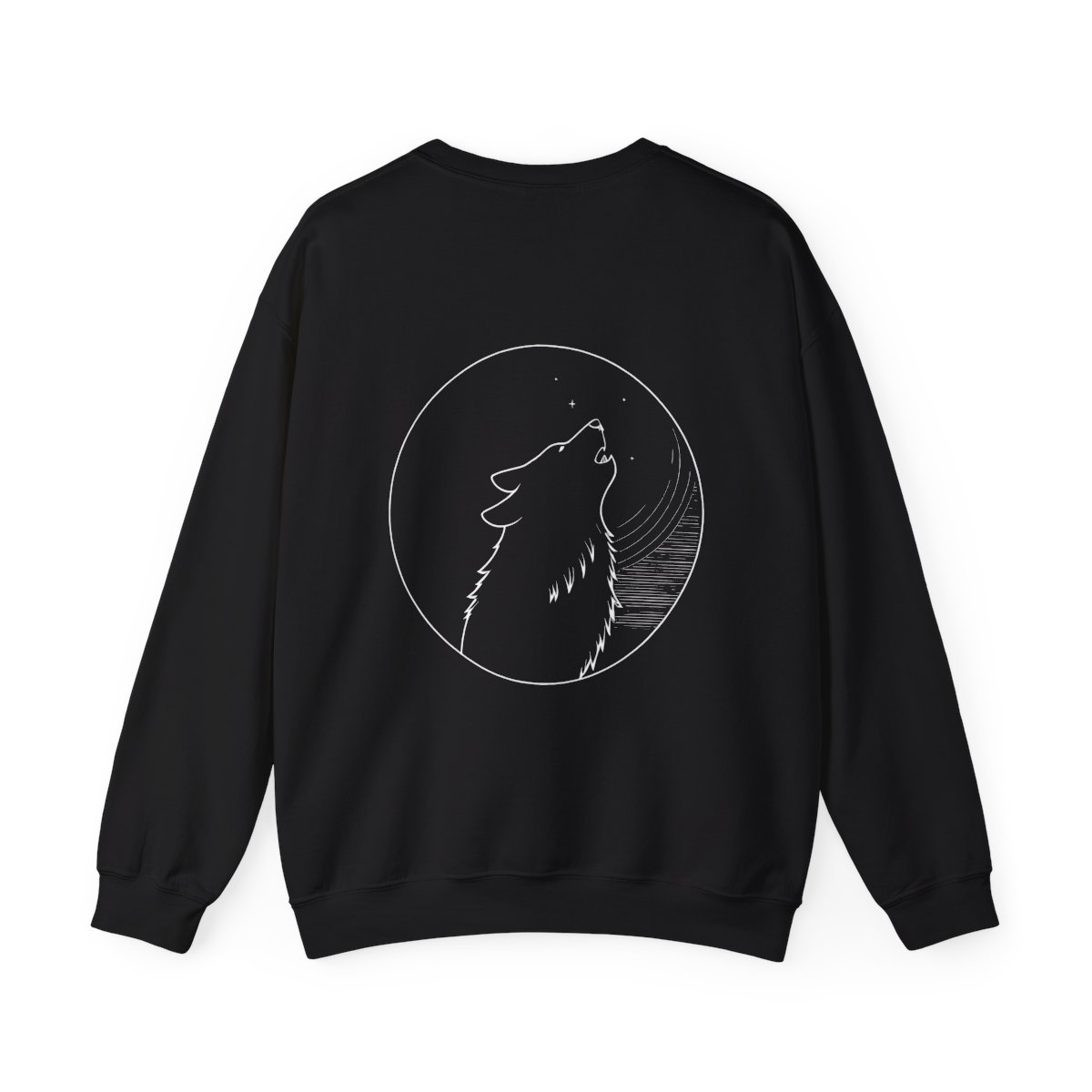 Sweat Loup Lune — noir, loup hurlant cerclé de lune en blanc au dos