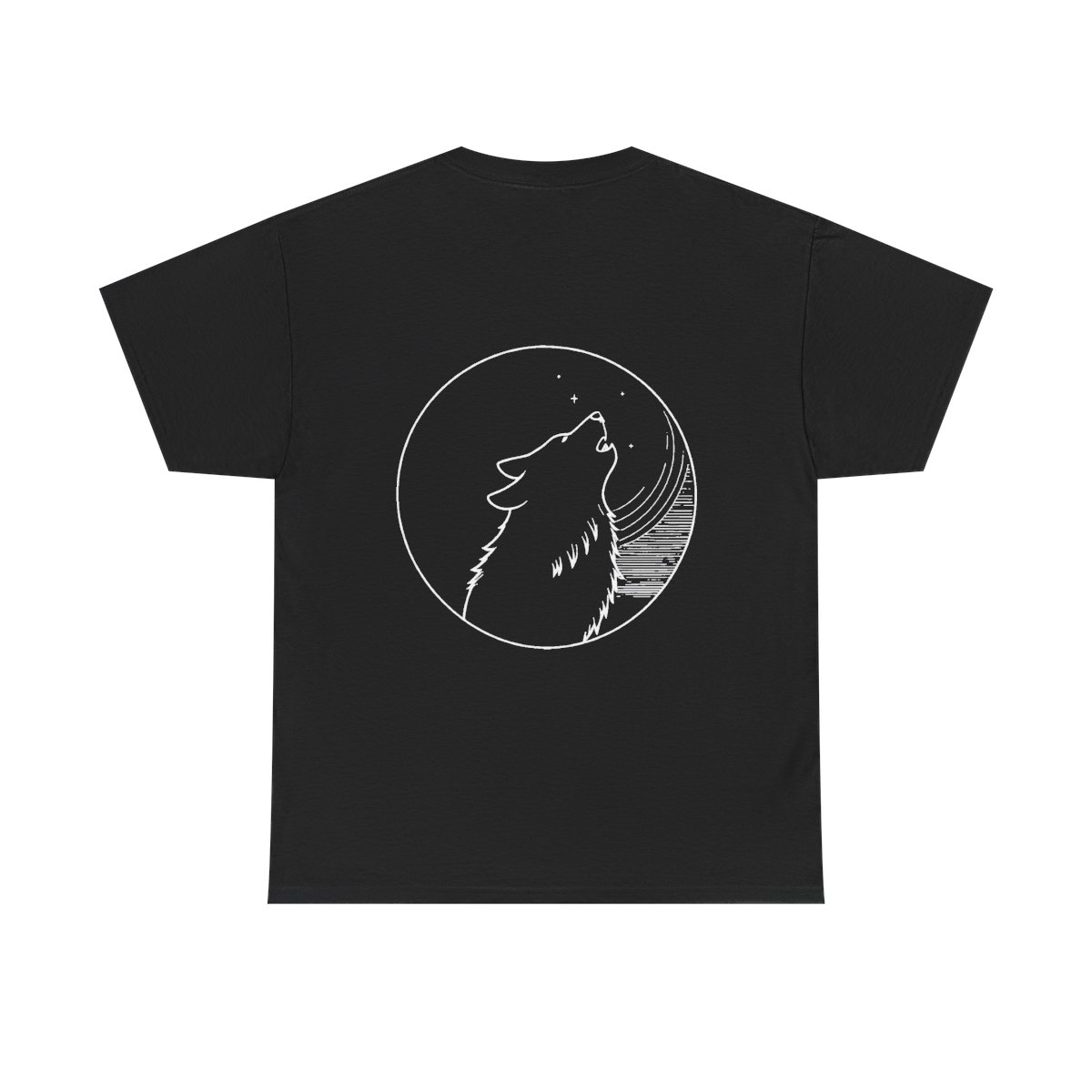 T-shirt Loup Lune — noir, loup hurlant cerclé de lune en blanc au dos