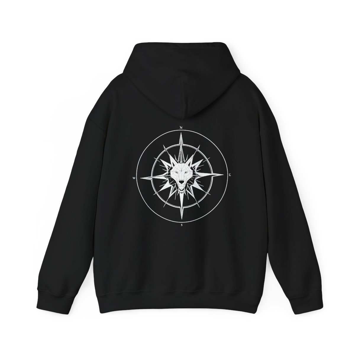 Hoodie Loup Boussole — noir, tête de loup sur rose des vents en blanc au dos