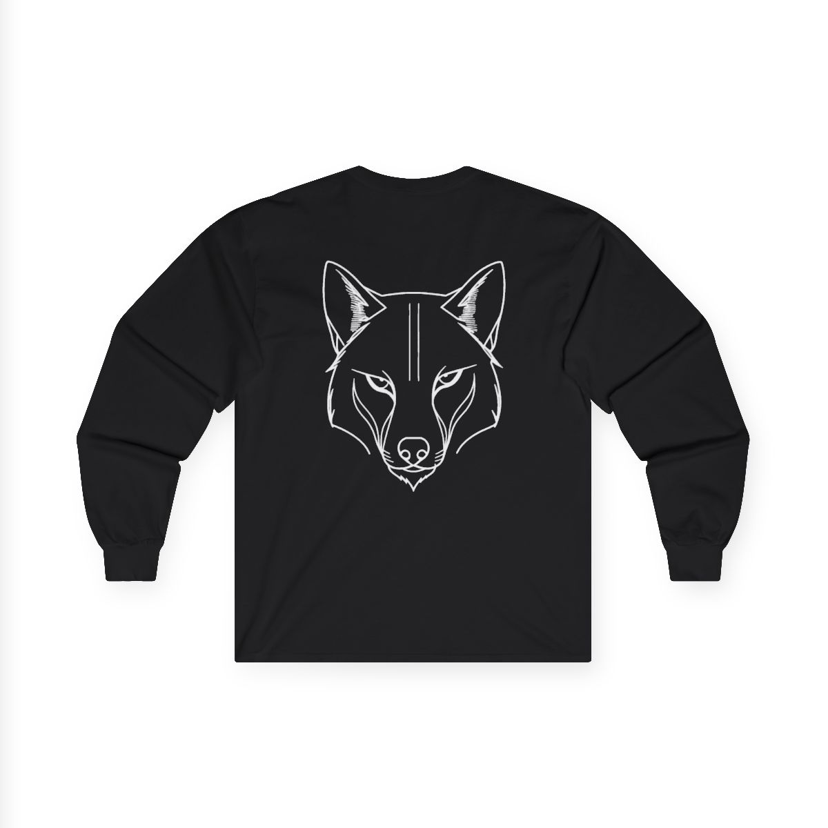 T-shirt manches longues Tête de Loup — noir, tête de loup de face au trait fin en blanc au dos