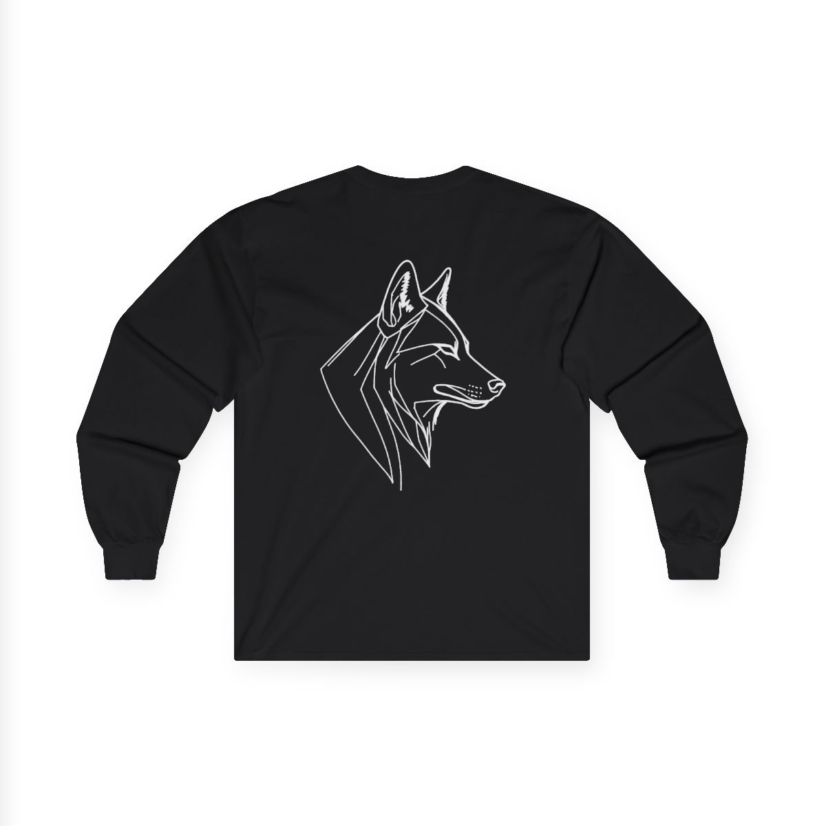 T-shirt manches longues Profil de Loup — noir, profil de loup au trait continu en blanc au dos